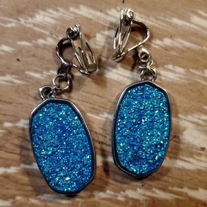 Blue Druzy Clip-On Drop Earrings
